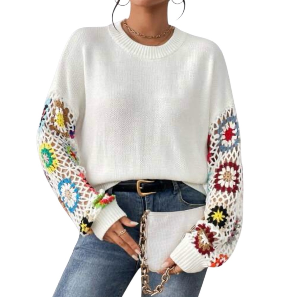 SHEIN‎ VCAY Floral Pattern Drop Shoulder Sweater Size Medium Granny Squares